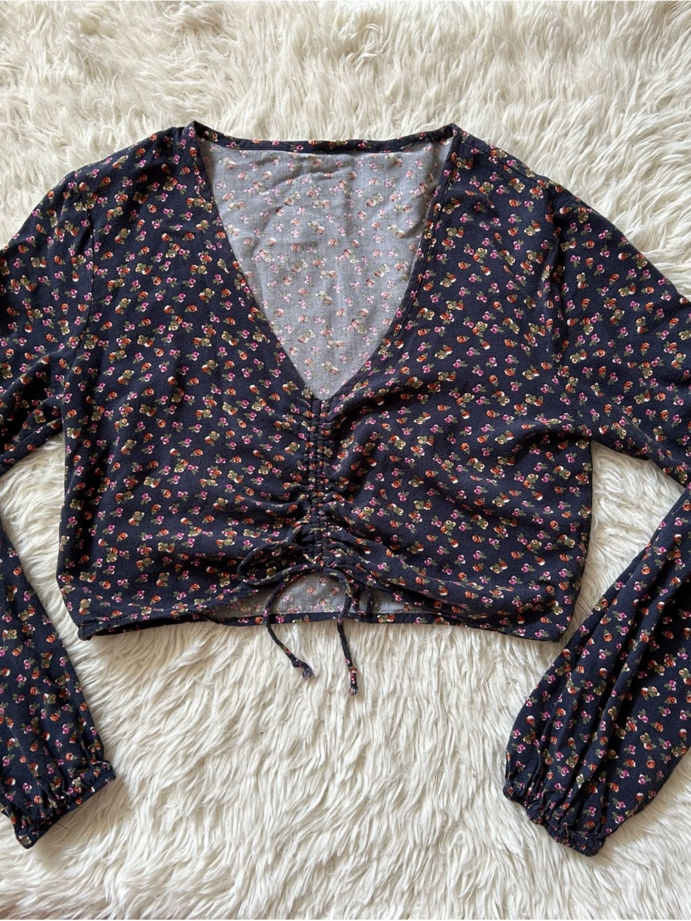 Target Black Floral Drawstring Cropped V-Neck Top